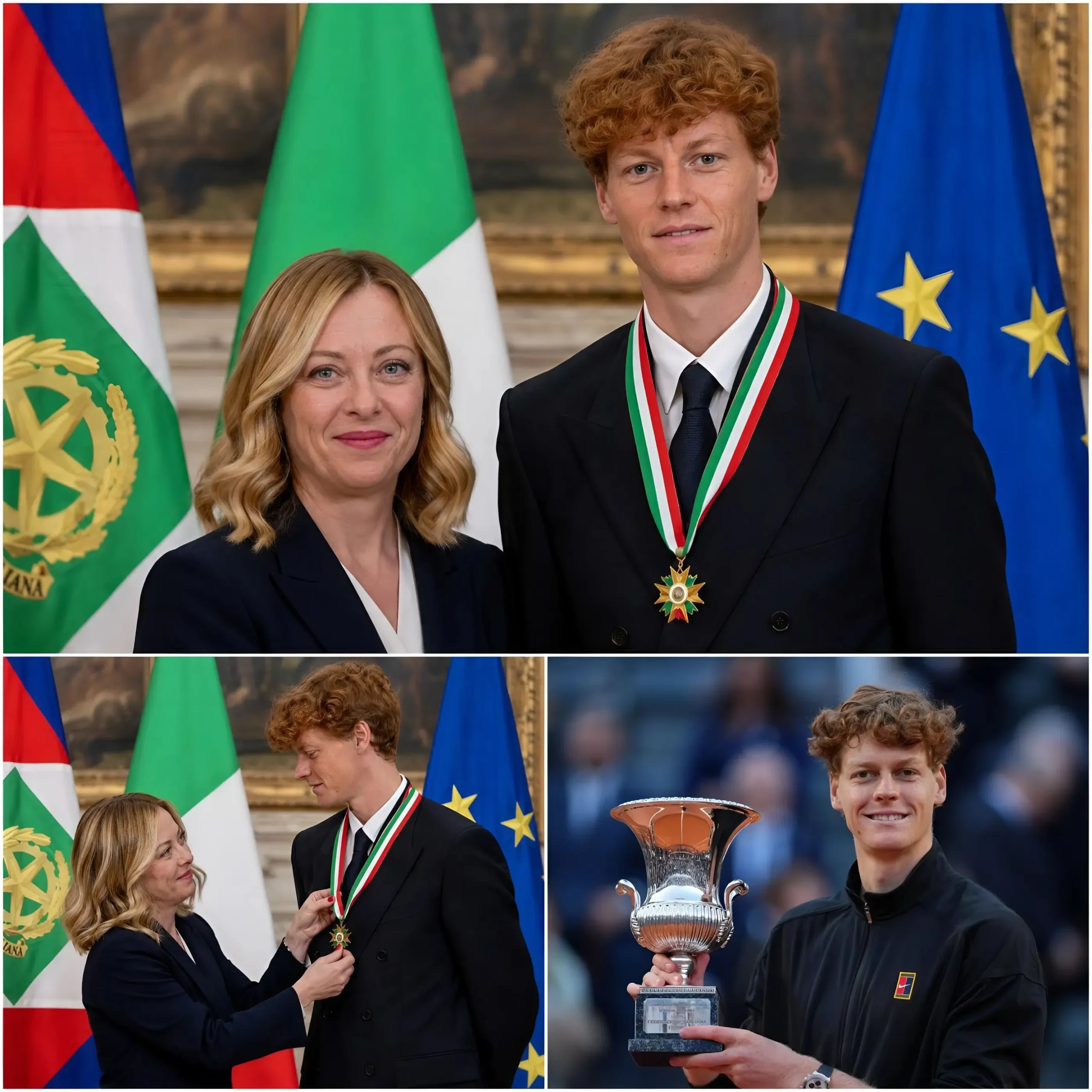 Cover Image for 💖🎾CONGRATULAZIONI: Un momento emozionante e divertente! Ieri sera, la Primo Ministro Giorgia Meloni ha consegnato personalmente a Jannik Sinner un prestigioso riconoscimento nazionale, ma quella che sembrava una cerimonia formale si è rapidamente trasformata in uno dei momenti più dolci e divertenti dell’anno.