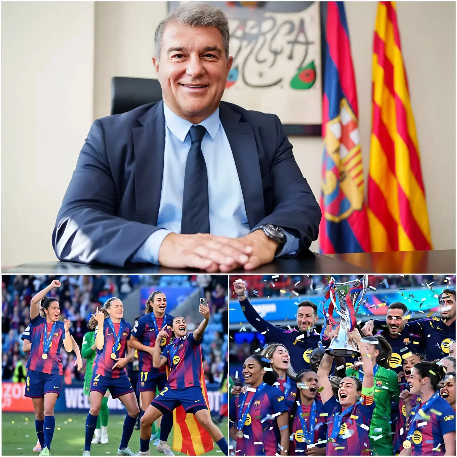 Cover Image for “¡SE LO MERECEN TODO!” — el presidente del Barcelona, Joan Laporta, desató la locura al anunciar oficialmente una prima de 12 millones de euros para toda la plantilla del FC Barcelona Femení tras conquistar la cuarta UEFA Women’s Champions League