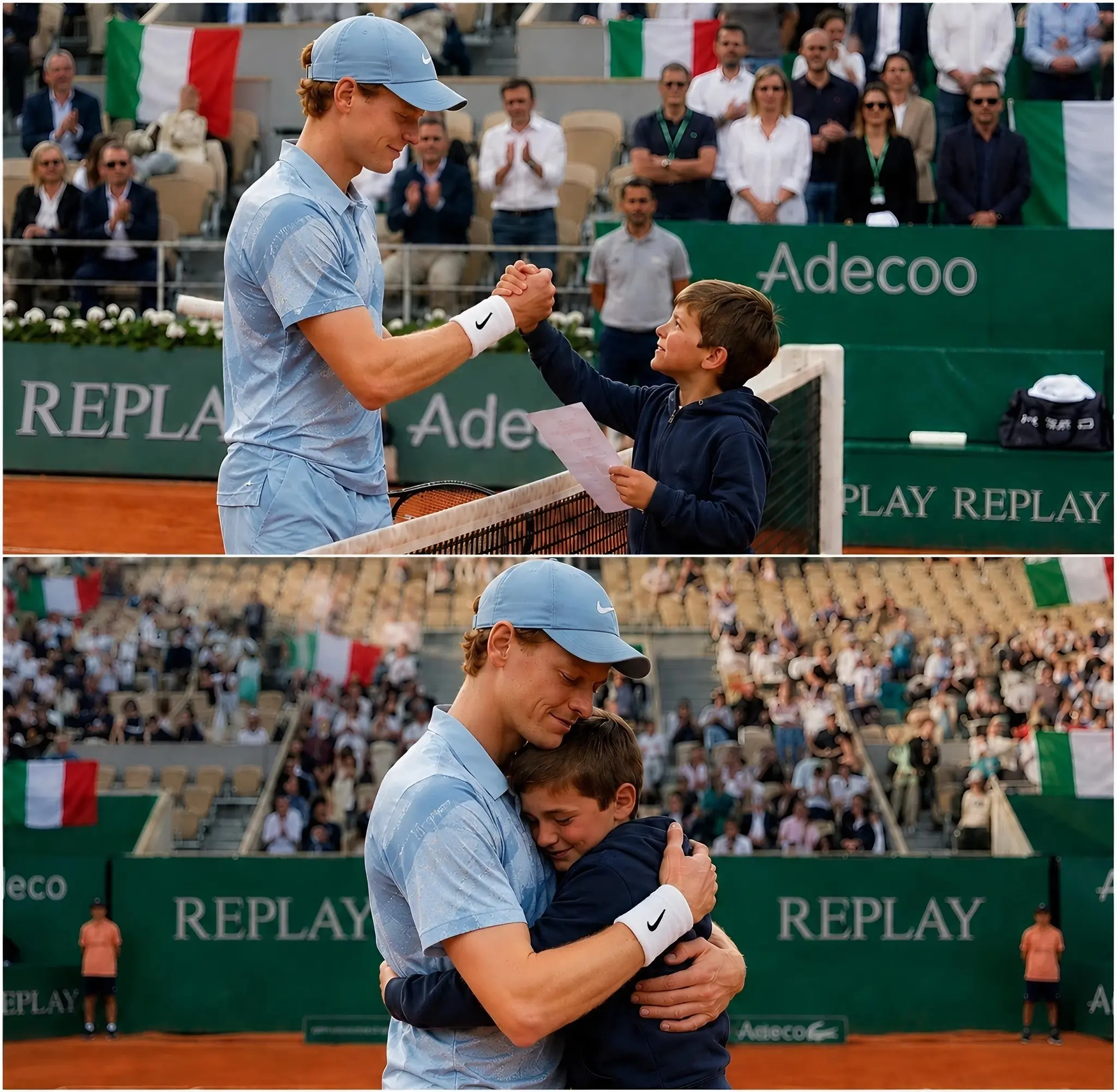 Cover Image for 🚨 Mentre le guardie di sicurezza stavano per allontanare il bambino dalla folla, Jannik Sinner ha improvvisamente alzato la mano per segnalare loro di fermarsi, prima di dire a bassa voce: “Lasciatelo venire da me…”.