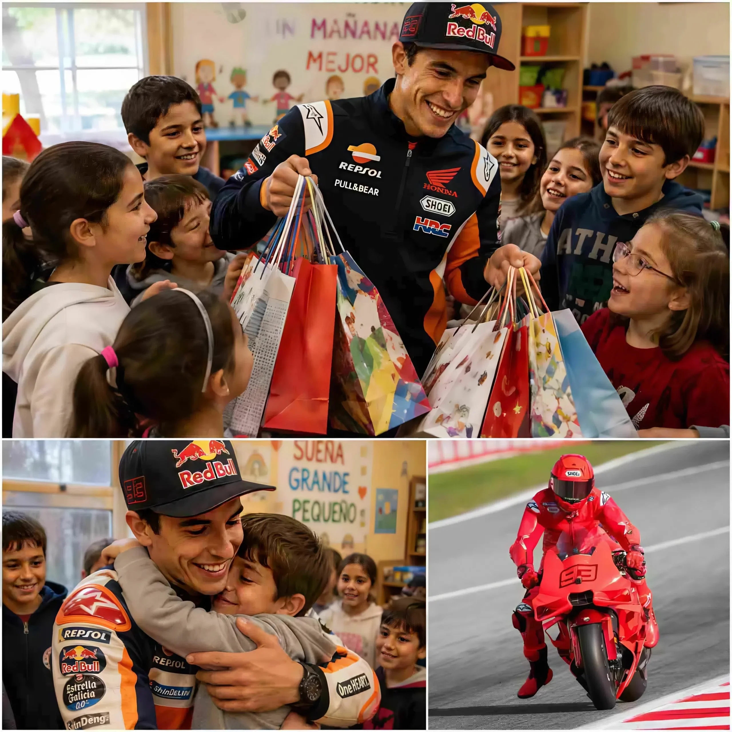 Cover Image for En una tarde lluviosa en Barcelona, ​​ningún niño esperaba que la puerta de la sala común se abriera de repente y que Marc Márquez entrara con una cálida sonrisa y decenas de bolsas de regalos en el orfanato para niños desfavorecidos sin familia.