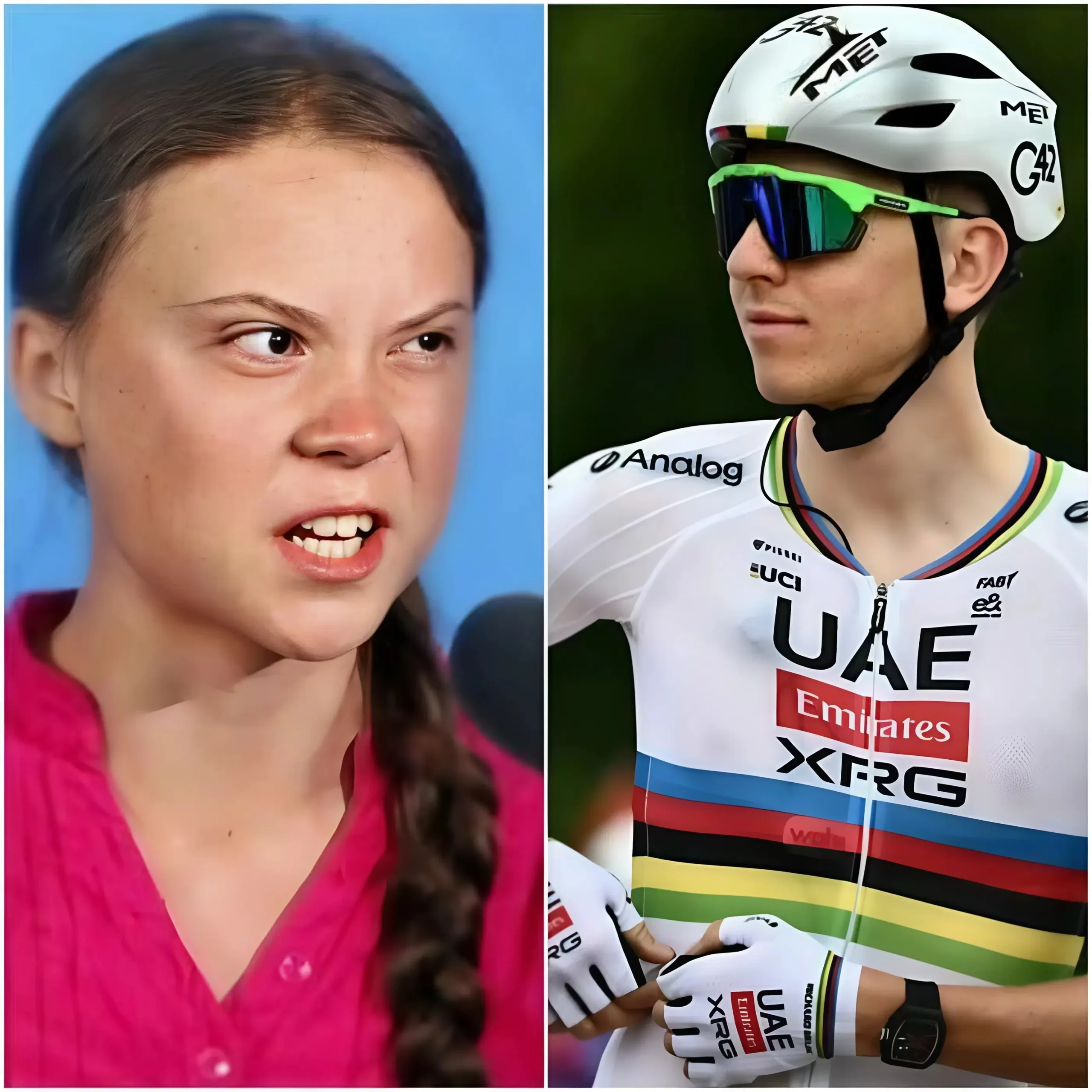 Cover Image for 🚨🚨“SIEDITI, BARBIE!” Il ciclista numero uno al mondo, Tadej Pogačar, è stato inaspettatamente interrotto in diretta televisiva dall’attivista ambientale Greta Thunberg, che lo ha pubblicamente definito un “TRADITORE” per aver rifiutato di partecipare alla campagna di sensibilizzazione sulle questioni LGBTQ+ e sul