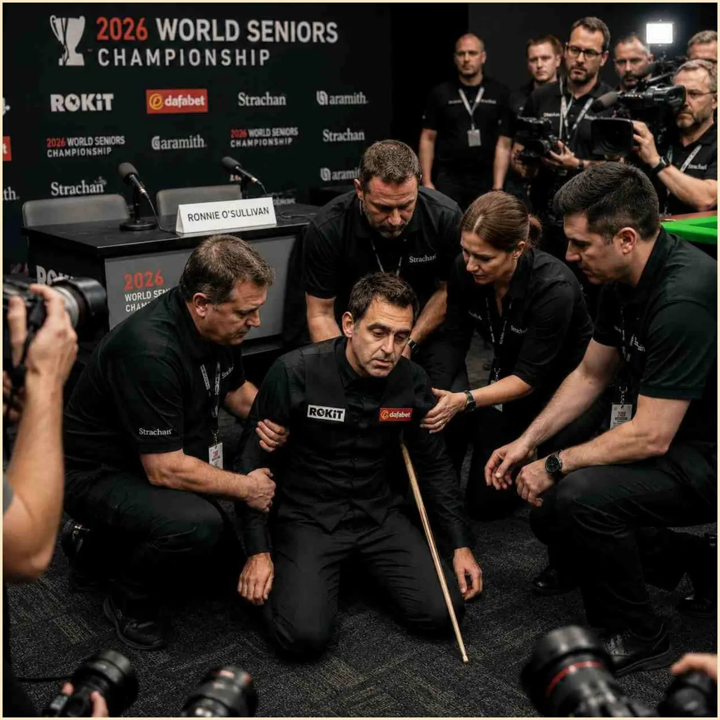 Cover Image for 🚨😢 Panic erupted in the halls of the 2026 World Seniors Championship as other players and medical staff witnessed the great Ronnie O’Sullivan suddenly collapse during a match.