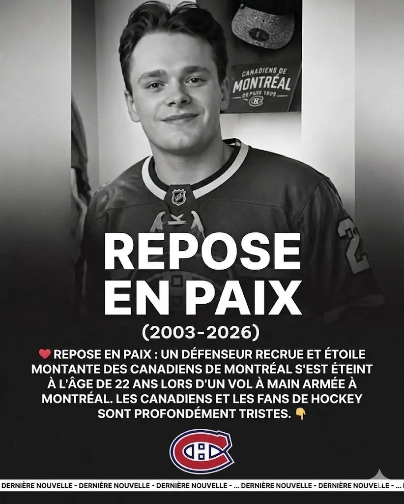 Cover Image for 🖤 REPOSE EN PAIX : Un joueur recrue de 22 ans des Canadiens de Montréal, considéré comme l’un des plus grands espoirs de l’organisation et une future étoile, est tragiquement décédé à la suite d’un vol à main armée survenu samedi soir dernier à Montréal.