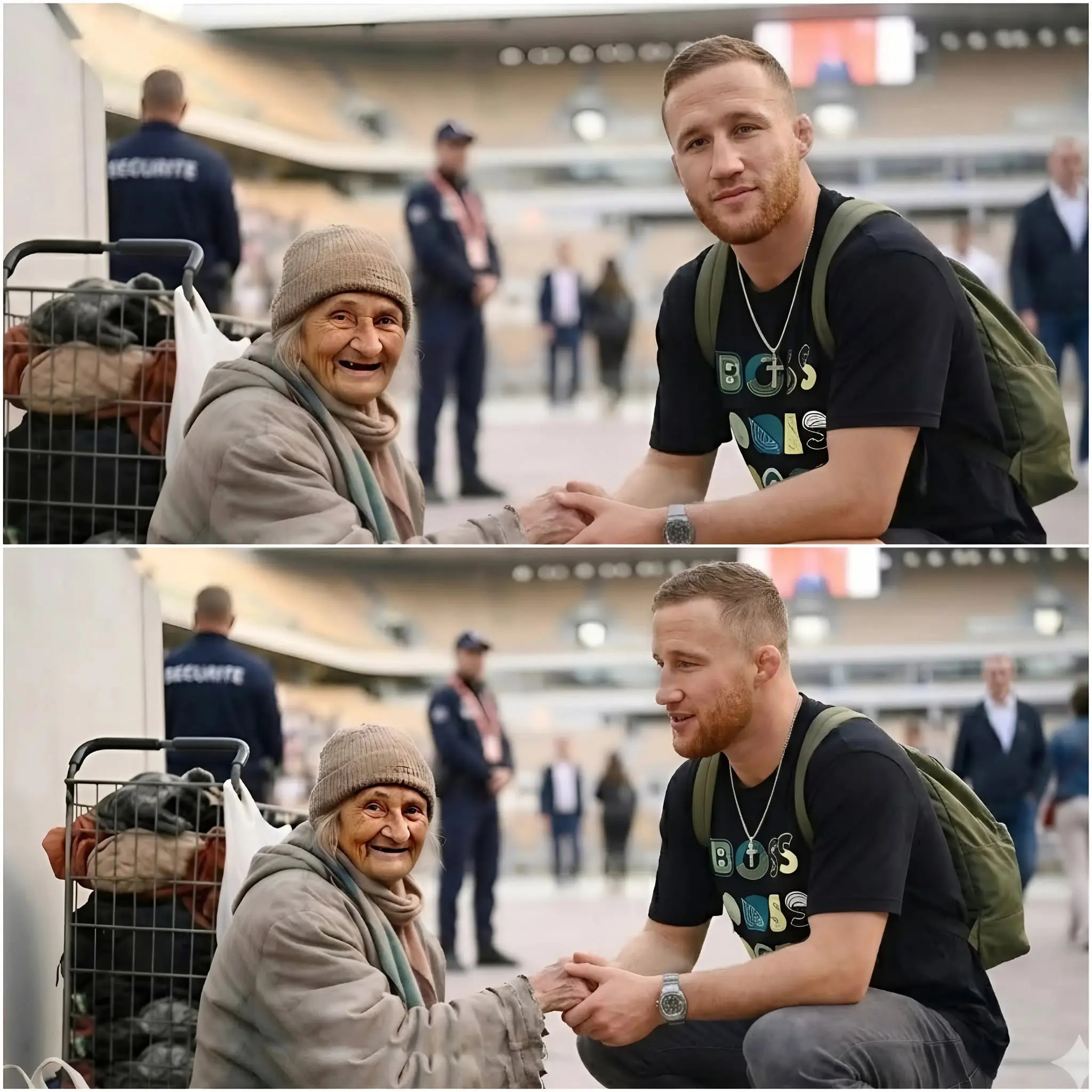 Cover Image for 🚨UN MOMENTO CONMOVEDOR FUERA DEL OCTÁGONO: Justin Gaethje se arrodilló ante una anciana sin hogar, una escena que conmovió hasta las lágrimas a millones de fans.