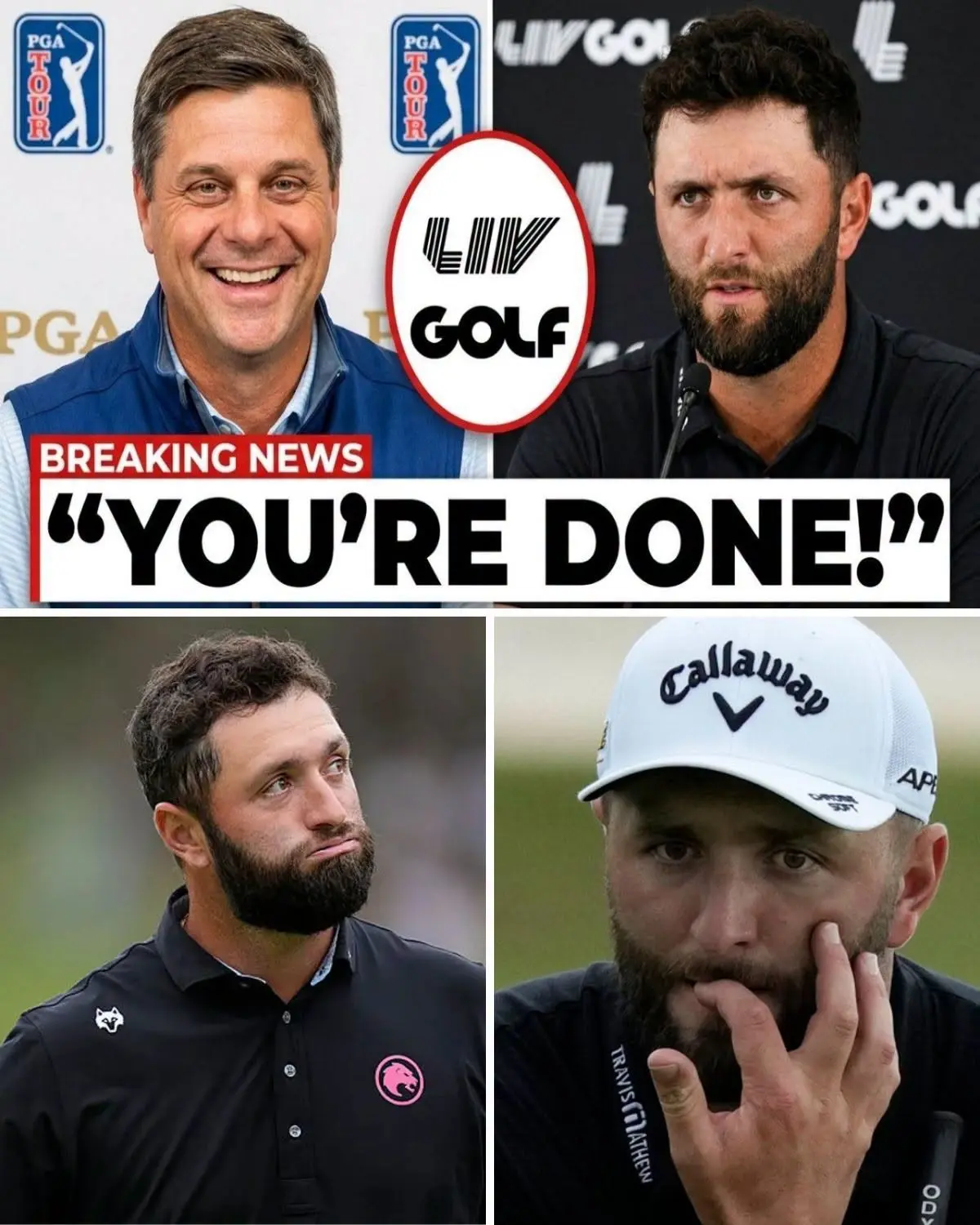 Cover Image for PGA Tour Chief EXPOSES Jon Rahm After LIV Scandal In a stunning twist in the world of professional golf, Jon Rahm’s steadfast commitment to the PGA Tour has come at a steep price. The rising tension between Rahm and the PGA Tour’s new CEO, Brian Rolapp, highlights a precarious situation for the two-time major champion, whose future now hangs in the balance.