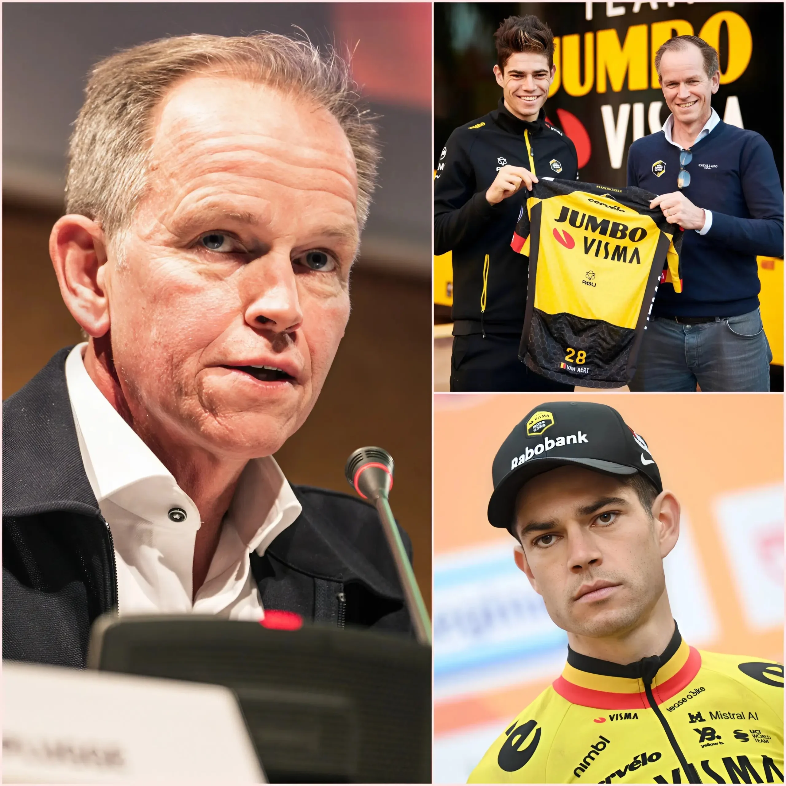 Cover Image for “TEAM VISMA KAN ZONDER HEM WINNEN”. 🔥🔥 Team VISMA-voorzitter Richard Plugge veroorzaakte controverse met zijn onverwachte uitspraak voorafgaand aan de Tour de France, waarin hij een selectie van Visma publiceerde zonder Wout van Aert. Duizenden fans bekritiseerden de uitspraak, en verrassend genoeg reageerde Wout van Aert direct om de media te kalmeren.
