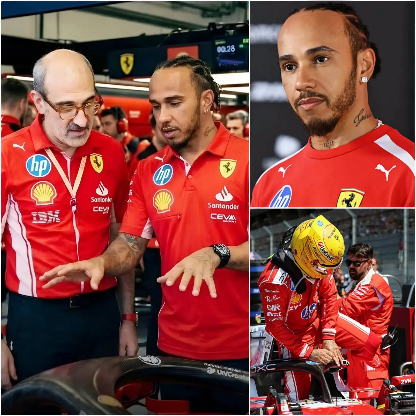 Cover Image for 🔥🔥 LEWIS HAMILTON “VA IN FOLLIA” AL FERRARI: Dopo una giornata di gara brutale, il campione a sette titoli ha passato nottate segrete nell’officina fino a tardi, a lavorare ossessivamente con l’ingegnere Carlo Santi per affinare ogni singolo dettaglio della Ferrari.